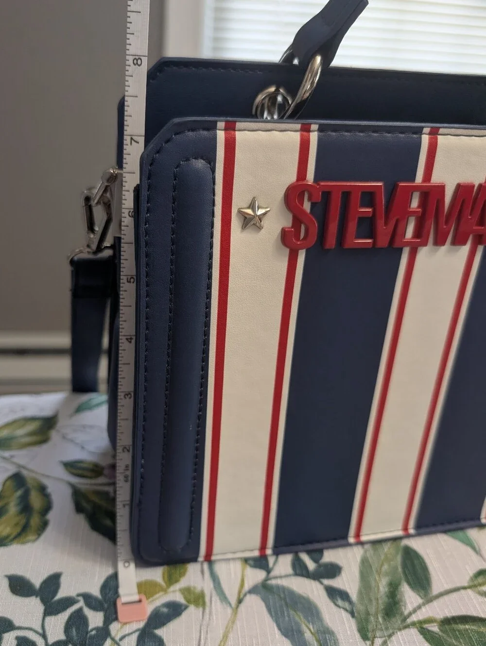 Steve Madden Navy, White & Red Striped Top-Handle Satchel with Red Star Charm